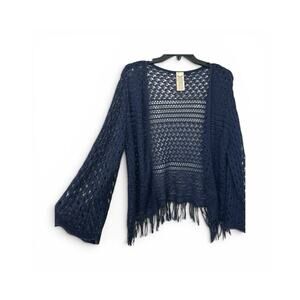 Y2K Boho Open Knit Crochet Cardigan Fringe Hem Bell Sleeve Cowgirl Layer XL